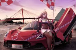 1girl absurdres ahoge azur_lane bare_shoulders blue_eyes bodystocking breasts bridge brown_hair butterfly_doors car checkered_flag cleavage elbow_gloves flag gloves highres holding holding_flag impero_(azur_lane) kcar66t large_breasts license_plate long_hair looking_at_viewer maserati maserati_mc20 motor_vehicle race_queen sports_car sunset thighhighs vehicle_focus very_long_hair