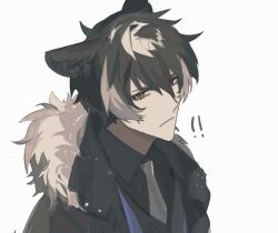 Rule 34 | !, !!, 1boy, animal ears, bad id, bad twitter id, black coat, black hair, closed mouth, coat, commentary request, dog ears, fur trim, grey background, grey hair, hair between eyes, holostars, kageyama shien, looking at viewer, male focus, multicolored hair, namakawa, portrait, serious, simple background, sketch, solo, streaked hair, virtual youtuber, yellow eyes