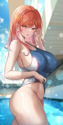 Rule 34 | 1girl, ahoge, bare shoulders, blush, breasts, cleavage, collarbone, competition swimsuit, covered navel, highres, hololive, hololive dev is, ichijou ririka, kennedukennedy1, large breasts, long hair, looking at viewer, one-piece swimsuit, orange eyes, orange hair, pool, poolside, sideboob, solo, swimsuit, virtual youtuber, wet