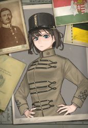 Rule 34 | 1boy, 1girl, absurdres, black headwear, blue eyes, breasts, brown hair, closed mouth, english text, frown, hands on own hips, hat, hearts of iron, highres, kaiserreich, long sleeves, looking at viewer, medium breasts, military, original, photo (object), pzkpfwi, short hair
