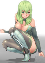 Rule 34 | 1girl, absurdres, areola slip, arm support, bad id, bad pixiv id, bare shoulders, black thighhighs, blurry, blush, border break, breasts, bridal gauntlets, bustier, cleavage, depth of field, detached sleeves, female focus, fiona (border break), full body, gradient background, green eyes, green hair, high heels, highres, large breasts, leotard, looking at viewer, matching hair/eyes, miniskirt, nervous smile, off shoulder, shin guards, skirt, smile, solo, squatting, thighhighs, yoshiwa tomo