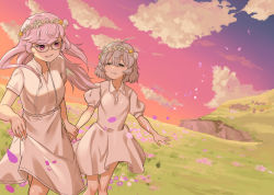 Rule 34 | 2girls, ahoge, alternate costume, alternate eyewear, blunt bangs, cloud, cloudy sky, collared dress, dress, feet out of frame, flower, glasses, gradient sky, grass, grey hair, head wreath, highres, hill, holding hands, kazari jun, long hair, looking at another, magia record: mahou shoujo madoka magica gaiden, mahou shoujo madoka magica, medium dress, miwa mitsune, multiple girls, nanakamado, nature, outdoors, petals, pink eyes, pink flower, pink hair, plant, puffy short sleeves, puffy sleeves, scenery, short dress, short hair, short sleeves, sidelocks, sky, sunset, white dress, wind