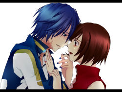 Rule 34 | 1boy, 1girl, agi (kankarado), bare shoulders, blue eyes, blue hair, blue nails, blue scarf, clothes grab, couple, face-to-face, glowing, hetero, kaito (vocaloid), letterboxed, male polish, meiko (vocaloid), nail polish, red eyes, red hair, red nails, scar, scarf, short hair, simple background, tears, veins, vocaloid