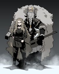 Rule 34 | 1boy, 1girl, absurdres, beard, black pants, black shirt, blonde hair, blouse, blue eyes, bracer, braid, braided beard, brakka (gogalking), cape, clenched teeth, closed mouth, facial hair, father and daughter, fur trim, gogalking, grey cape, grey eyes, hair down, hammer, height difference, highres, holding, holding hammer, holding weapon, legs apart, long hair, looking at viewer, original, pants, pelt, shirt, standing, steam, teeth, very long hair, war hammer, war paint, weapon