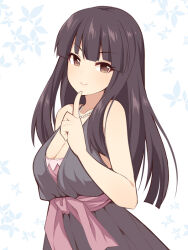 Rule 34 | &gt;:), 1girl, bare arms, bare shoulders, black dress, black hair, breasts, brown eyes, cleavage, closed mouth, collarbone, dress, floral background, hand up, idolmaster, idolmaster cinderella girls, index finger raised, jewelry, kurokawa chiaki, long hair, looking at viewer, medium breasts, necklace, pearl necklace, simple background, sleeveless, sleeveless dress, smile, solo, uccow, v-shaped eyebrows, very long hair, white background