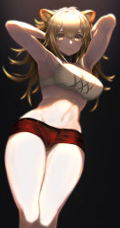 Rule 34 | 1girl, adapted costume, animal ears, arknights, armpits, arms up, black background, black collar, blonde hair, bra, breasts, cleavage, closed mouth, collar, commentary, eigo ichii, feet out of frame, hair between eyes, highres, lion ears, long hair, looking at viewer, medium breasts, navel, red shorts, short shorts, shorts, siege (arknights), simple background, solo, sports bra, stomach, studded collar, thighs, toned, underwear, white bra, yellow eyes