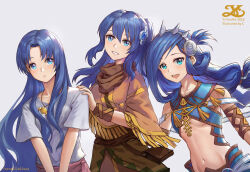 3girls absurdres ancient_ys_vanished blue_eyes blue_hair breasts brown_scarf character_name cheng_(869484710) cloak dana_iclucia dress feena_(ys) grabbing_another&#039;s_shoulder highres jewelry light_blush logo long_hair looking_at_viewer midriff multiple_girls navel necklace open_mouth parted_bangs parted_lips scarf short_sleeves simple_background small_breasts smile tia_(ys) tiara underboob upper_body very_long_hair white_background white_dress ys ys_seven ys_viii_lacrimosa_of_dana