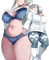 Rule 34 | 1girl, :o, absurdres, belly, blue bra, blue eyes, blue nails, blue panties, boots, bra, breasts, cleavage, creatures (company), curvy, earrings, game freak, grey hair, gym leader, heart, highres, holding, holding poke ball, jewelry, large breasts, lingerie, long hair, mature female, melony (pokemon), moisture (chichi), multiple views, nail polish, navel, nintendo, panties, pantyhose, parted lips, pearl earrings, plump, poke ball, pokemon, pokemon swsh, ring, standing, sweater, thick thighs, thighs, ultra ball, underwear, wedding ring, white footwear, white sweater, wide hips