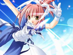 Rule 34 | 1girl, arms up, bent over, bracelet, day, flying, game cg, gloves, hair ribbon, jewelry, kannagi rei, one eye closed, open mouth, ponytail, princess witches, red hair, ribbon, sky, solo, suzumiya ringo, wink, yellow eyes
