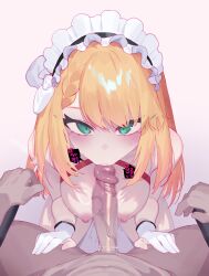 Rule 34 | 1boy, 1girl, absurdres, blonde hair, bow, breasts, eonsang, fellatio, g36 (girls&#039; frontline), girls&#039; frontline, girls&#039; frontline 2: exilium, gloves, hair bow, hetero, highres, large breasts, looking at viewer, maid headdress, nipples, nude, oral, partially fingerless gloves, penis, pov, white gloves