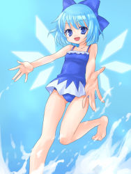 Rule 34 | 1girl, adapted costume, bad id, bad pixiv id, bare legs, bare shoulders, barefoot, blue eyes, blue hair, cirno, female focus, foreshortening, looking at viewer, matching hair/eyes, midori (green tea), midori (pixiv), one-piece swimsuit, open mouth, outstretched arms, ribbon, short hair, smile, solo, standing, standing on one leg, swimsuit, touhou, water, wings