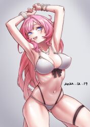 1girl 2022 :d armpits arms_up bikini blue_eyes breasts commentary_request dated elf elysia_(honkai_impact) gluteal_fold grey_background highres honkai_(series) honkai_impact_3rd junik_(snrj2255) korean_commentary large_breasts long_hair navel open_mouth pink_hair pointy_ears smile solo stomach swimsuit white_bikini