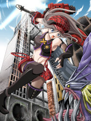 Rule 34 | 10s, 1girl, :d, alisa ilinichina amiella, armpits, asymmetrical gloves, black footwear, black gloves, blue eyes, blue sky, boots, breasts, brown hair, cloud, crop top, day, elbow gloves, fighting, fingerless gloves, floating hair, from below, gloves, god eater, groin, hair between eyes, hat, highres, holding, holding weapon, lens flare, long hair, medium breasts, midriff, miniskirt, monster, nao3675, navel, open mouth, outdoors, pantyhose, red hat, red skirt, sideboob, skirt, sky, smile, stomach, sun, suspender skirt, suspenders, suspenders slip, thigh boots, thighhighs, uneven gloves, weapon