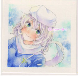 Rule 34 | 1girl, blue eyes, closed mouth, hair between eyes, lapel pin, letty whiterock, looking at viewer, medium hair, purple hair, scarf, shin1ar24, solo, touhou, traditional media, upper body, watercolor pencil (medium), white headwear, white scarf