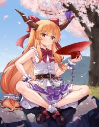 Rule 34 | 1girl, blush, bow, brown footwear, brown horns, buttons, chain, cherry blossoms, closed mouth, cuffs, cup, day, full body, hair bow, highres, holding, holding cup, horns, ibuki suika, long hair, looking at viewer, murasaki atsushi, orange eyes, orange hair, outdoors, petals, print skirt, purple skirt, red bow, sakazuki, shirt, shoes, sitting, skirt, smile, socks, solo, torn clothes, torn sleeves, touhou, white shirt, white socks