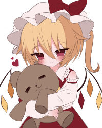 Rule 34 | 1girl, absurdres, alternate costume, bare shoulders, blonde hair, blush, bow, closed mouth, collared shirt, detached sleeves, flandre scarlet, frilled shirt collar, frills, hat, hat bow, heart, highres, holding, holding stuffed toy, kakashi tsumu, light smile, medium hair, mob cap, multicolored wings, one side up, red bow, red eyes, red shirt, red skirt, shirt, simple background, skirt, sleeveless, sleeveless shirt, solo, stuffed animal, stuffed toy, teddy bear, touhou, white background, wings