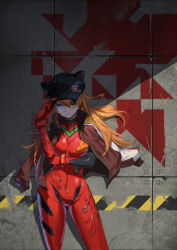 Rule 34 | &gt;:(, 1girl, absurdres, against wall, animal hat, badge, black hat, blue eyes, bodysuit, breasts, brown jacket, button badge, closed mouth, contrapposto, cowboy shot, curvy, day, evangelion: 3.0 you can (not) redo, eyepatch, female focus, hand on headwear, hat, highres, jacket, jacket on shoulders, long hair, medium breasts, neon genesis evangelion, one eye covered, open clothes, open jacket, orange hair, outdoors, plugsuit, rebuild of evangelion, red bodysuit, serious, shiba inuza, solo, souryuu asuka langley, sunlight, track jacket, twintails
