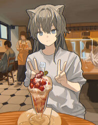 Rule 34 | absurdres, animal ears, brown hair, cat ears, double-parted bangs, double v, expressionless, food, grey eyes, hair between eyes, highres, ice cream, long hair, looking at viewer, original, restaurant, scenery, shirt, short sleeves, sitting, solo focus, sundae, table, v, waitress, white shirt, zumochi