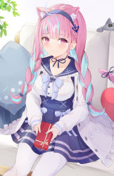 Rule 34 | 1girl, ahoge, anchor symbol, animal ears, blue bow, blue bowtie, blue eyes, blunt bangs, blush, bow, bowtie, braid, breasts, cat ears, cat girl, cat tail, chocolate, closed mouth, collarbone, couch, dress, dress bow, food, frills, hair strand, hairband, highres, holding, holding chocolate, holding food, hololive, jacket, large breasts, long hair, long sleeves, looking at viewer, minato aqua, minato aqua (sailor), multicolored clothes, multicolored dress, multicolored hair, pantyhose, pillow, plant, purple bow, purple bowtie, sailor collar, sidelocks, sisoha, sitting, smile, solo, streaked hair, tail, tail bow, tail ornament, thighhighs, twin braids, twintails, valentine, virtual youtuber, white jacket, white pantyhose