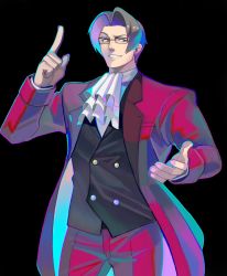 Rule 34 | 1boy, ace attorney, ascot, black background, black vest, buttons, coat, collared coat, cowboy shot, denaseey, finger wagging, formal, glasses, grey eyes, grey hair, highres, index finger raised, looking to the side, male focus, miles edgeworth, pants, raised eyebrow, red coat, red pants, shirt, simple background, smile, solo, vest, white shirt