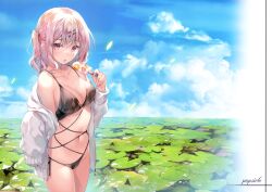Rule 34 | 1girl, absurdres, bare shoulders, bikini, blue sky, blush, breasts, cleavage, cloud, cloudy sky, collarbone, day, food, fruit, hair ornament, hairclip, highres, holding, holding food, jacket, long hair, long sleeves, looking at viewer, medium breasts, miwabe sakura, navel, off shoulder, open clothes, open jacket, orange (fruit), orange slice, original, outdoors, pink hair, popsicle, purple eyes, scan, side-tie bikini bottom, side ponytail, simple background, sky, solo, stomach, strawberry, strawberry slice, swimsuit, thighs, tongue, tongue out