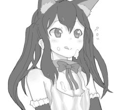 Rule 34 | 1girl, animal ears, apron, bare shoulders, bow, cat ears, collar, food, food on face, greyscale, k-on!, kuzu kow, licking, licking lips, long hair, monochrome, monochrome, nakano azusa, smile, solo, tongue, tongue out, twintails, upper body