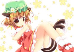 Rule 34 | 1girl, :3, animal ears, bow, brown eyes, brown hair, cat ears, cat tail, chen, closed mouth, commentary request, green hat, hat, mary janes, mob cap, multiple tails, nekomata, panties, pantyshot, pila-pela, shoes, short hair, short sleeves, simple background, solo, tail, touhou, two tails, underwear, white bow, white panties