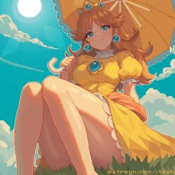 Rule 34 | 1girl, animated, animated gif, artist name, blinking, blue eyes, blue sky, breasts, brown hair, cloud, crown, dress, earrings, feet out of frame, holding, holding umbrella, itzah, jewelry, legs, long hair, looking at viewer, mario (series), medium breasts, nintendo, outdoors, parasol, pixel art, princess daisy, short sleeves, sitting, sky, smile, solo, sunlight, umbrella, watermark, web address, yellow dress