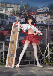 Rule 34 | 1girl, akagi (kancolle), architecture, black hair, bow (weapon), breasts, cosplay, east asian architecture, flight deck, hand on own hip, highres, hjl, japanese clothes, kantai collection, long hair, looking at viewer, no bra, parody, railing, skirt, smile, solo, thighhighs, underboob, weapon, white thighhighs, zettai ryouiki