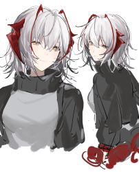Rule 34 | 1girl, arknights, black jacket, breasts, closed mouth, cropped torso, demon horns, expressionless, eyebrows hidden by hair, from behind, grey shirt, highres, horns, jacket, joshua (shisanli934), long sleeves, looking at viewer, looking back, medium breasts, multicolored hair, multiple views, open clothes, open jacket, red hair, shirt, short hair, silver hair, simple background, smile, two-tone hair, upper body, w (arknights), white background, yellow eyes