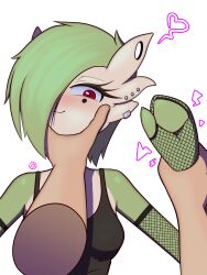Rule 34 | 1girl, artist name, bare shoulders, black shirt, blush, bob cut, breasts, clenched hand, closed mouth, colored skin, covered erect nipples, creatures (company), deva.png, disembodied hand, elbow gloves, face grab, fingerless gloves, fishnet gloves, fishnets, game freak, gardevoir, gen 3 pokemon, gloves, green hair, green skin, hair over one eye, half-closed eyes, hand up, happy, heart, highres, holding another&#039;s wrist, lightning bolt symbol, looking at viewer, medium breasts, mole, mole under eye, multicolored skin, nintendo, nipple piercing, nose blush, one eye covered, piercing, plug (piercing), pokemon, pokemon (creature), pov, punk, red eyes, shirt, short hair, signature, simple background, sleeveless, sleeveless shirt, smile, solo focus, spoken heart, two-tone skin, white background, white skin