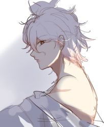 Rule 34 | 1boy, bad id, bad twitter id, closed mouth, danganronpa (series), danganronpa 2: goodbye despair, from side, grey background, grey hair, grey shirt, hair between eyes, komaeda nagito, looking at viewer, looking to the side, male focus, meipoi, messy hair, off shoulder, profile, shirt, short hair, simple background, single bare shoulder, sketch, solo, upper body