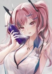 Rule 34 | 1girl, absurdres, azur lane, bad id, bad twitter id, bare shoulders, bow, breasts, bremerton (azur lane), bremerton (scorching-hot training) (azur lane), character name, chromatic aberration, cleavage, collared shirt, commentary, commentary request, crop top, grey hair, hair between eyes, hair bow, hair ornament, hairclip, head tilt, heart, heart necklace, heavy breathing, highres, jewelry, large breasts, long hair, looking at viewer, mole, mole under eye, multicolored hair, myoushun, necklace, open mouth, pink eyes, pink hair, see-through, shirt, sleeveless, sleeveless shirt, streaked hair, symbol-only commentary, twintails, two-tone hair, two-tone shirt, upper body, wet, wet clothes, x hair ornament