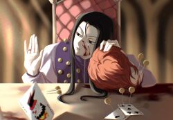 Rule 34 | 2boys, black hair, blood, blood on face, card, chair, death, empty eyes, enyalee, expressionless, hands up, highres, hisoka morow, hunter x hunter, illumi zoldyck, joker (playing card), light rays, long hair, looking to the side, male focus, multiple boys, needle, pale skin, playing card, red hair, severed head, short hair, sunlight, table, wood