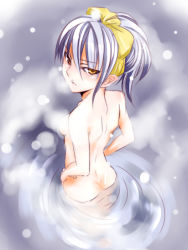 Rule 34 | 1girl, angry, ass, brown eyes, cropped, foreshortening, hairband, hands on own hips, looking back, nude, onsen, original, purple hair, solo, steam, un (le monde-alternatif), water