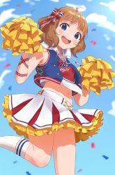 Rule 34 | 1girl, :d, absurdres, ahoge, blue bow, blue eyes, blue jacket, blue sky, blush, bow, brown hair, cheerleader, confetti, cropped shirt, day, feet out of frame, hair bow, highres, holding, holding pom poms, idolmaster, idolmaster million live!, idolmaster million live! theater days, inuyama nanami, jacket, jersey, kneehighs, looking at viewer, medium hair, midriff, miniskirt, multicolored bow, navel, open clothes, open jacket, open mouth, outdoors, pleated skirt, pom pom (cheerleading), pom poms, red bow, round teeth, skirt, sky, sleeveless, sleeveless jacket, smile, socks, solo, standing, standing on one leg, striped, striped bow, suou momoko, teeth, upper teeth only, white socks