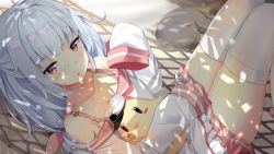 Rule 34 | 1girl, ahoge, azur lane, bird, blue hair, blush stickers, bow, cat, chick, collarbone, hair bow, hammock, hat, highres, kaetzchen, long hair, long sleeves, looking at viewer, lying, mole, mole under eye, nicholas (azur lane), hugging object, off shoulder, on back, open mouth, red eyes, shade, sleeves past wrists, solo, stuffed animal, stuffed toy, thighhighs, white thighhighs