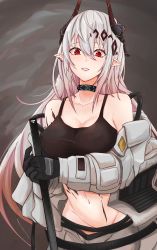 Rule 34 | 1girl, aoe (tiranporan), arknights, bare shoulders, black gloves, breasts, brown background, cleavage, collar, collarbone, cowboy shot, ear piercing, eyebrows hidden by hair, gloves, gradient background, groin, hair between eyes, hair ornament, highres, holding, horns, infection monitor (arknights), large breasts, long sleeves, looking at viewer, material growth, mudrock (arknights), navel, no panties, off shoulder, open clothes, oripathy lesion (arknights), parted lips, piercing, pointy ears, red eyes, solo, sports bra, stomach