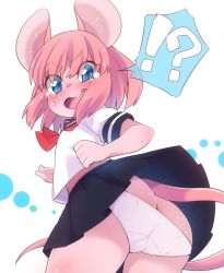Rule 34 | !?, 1girl, animal ears, ass, blue eyes, blue skirt, blush, butt crack, embarrassed, from behind, furry, furry female, highres, looking back, mouse ears, mouse tail, open mouth, original, panties, panty pull, pink hair, school uniform, serafuku, shirt, short hair, skirt, solo, surprised, tail, tears, underwear, white panties, white shirt, wind, wind lift, yuuki (yuyuki000)