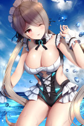 Rule 34 | 1girl, :d, alternate costume, bare shoulders, beach, black bow, black bowtie, blue sky, blush, bow, bowtie, breasts, cleavage, clothing cutout, cloud, cowboy shot, day, detached collar, frilled swimsuit, frills, groin, hair over one eye, head tilt, highres, honkai (series), honkai impact 3rd, large breasts, long hair, looking at viewer, low twintails, maid headdress, navel, one eye closed, open mouth, outdoors, red eyes, rita rossweisse, rita rossweisse (phantom iron), shiny skin, short hair, side cutout, signature, skindentation, sky, smile, solo, stomach, swimsuit, thighs, twintails, underboob cutout, very long hair, wading, water drop, wet, wrist cuffs, wsman