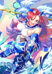 Rule 34 | 1girl, :d, absurdres, armor, black thighhighs, breasts, gauntlets, greaves, headgear, highres, holding, holding weapon, long hair, mecha musume, morisaki jiro, open mouth, original, pauldrons, red hair, shoulder armor, smile, solo, teeth, thighhighs, water, weapon, yellow eyes