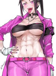 Rule 34 | abs, alternate costume, armband, artist name, bad id, bad twitter id, bandaged hand, belt, belt buckle, black hair, black nails, blush, bracelet, breasts, buckle, budget sarashi, capcom, choker, cleavage, collar, collarbone, cowboy shot, ear piercing, earrings, han juri, hand on hip, highres, inactive account, jacket, jewelry, large breasts, looking at viewer, midriff, nail polish, navel, navel piercing, necklace, o-ring, o-ring choker, official alternate costume, open clothes, open jacket, open mouth, pants, piercing, pink eyes, pink jacket, pink legwear, pink nails, sarashi, second-party source, spiked collar, spikes, standing, street fighter, street fighter v, tongue, tongue out, twitter username, underboob, upper body, white background, wide hips