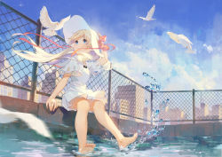 Rule 34 | 1girl, animal, arm up, barefoot, bird, blonde hair, blue eyes, blue sky, bow, building, closed mouth, cloud, cloudy sky, commentary request, day, dress, hat, hat bow, highres, long hair, looking away, looking to the side, original, outdoors, red bow, short sleeves, sitting, sky, solo, splashing, sun hat, very long hair, water, white dress, white hat, wide sleeves, yue yue