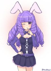 Rule 34 | 1girl, animal ears, artist name, belt, blush, breasts, chuchu (show by rock!!), cleavage, drill hair, drill sidelocks, highres, long hair, looking at viewer, medium breasts, nan0teck, one eye closed, parted lips, purple hair, rabbit ears, red eyes, show by rock!!, sidelocks, solo, standing, twitter username