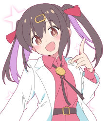 Rule 34 | 1girl, :d, brown eyes, brown hair, hair ornament, hairclip, index finger raised, ixy, lab coat, long sleeves, looking at viewer, multicolored hair, onii-chan wa oshimai!, open mouth, oyama mihari, purple hair, red shirt, shirt, simple background, smile, solo, twintails, two-tone hair, white background