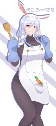 Rule 34 | 1girl, absurdres, apron, artist request, black leotard, blue hair, gloves, highres, hololive, leotard, looking at viewer, mature female, pekomama, purple eyes, rabbit ears, solo, spatula, virtual youtuber, white apron