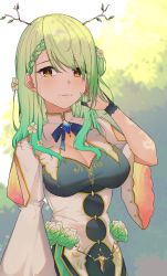 Rule 34 | 1girl, absurdres, antlers, blush, braid, braided bangs, branch, breasts, ceres fauna, chirpy, cleavage, flower, green hair, hair flower, hair ornament, highres, hololive, hololive english, horns, large breasts, leaf, long hair, looking at viewer, mole, mole under eye, single braid, smile, solo, virtual youtuber, yellow eyes