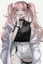 Rule 34 | 1girl, bad id, bad twitter id, bear hair ornament, belt, black choker, blue eyes, bracelet, breasts, choker, cleavage, coat, cowboy shot, danganronpa: trigger happy havoc, danganronpa (series), enoshima junko, finger to mouth, grey background, hair ornament, hand up, high-waist shorts, jewelry, large breasts, long hair, looking to the side, muuyiie, nail polish, o-ring, off shoulder, open mouth, shirt, shirt tucked in, shorts, simple background, single sleeve, smile, teeth, thigh strap, twintails, upper teeth only, white coat, white nails, white shorts