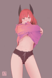 Rule 34 | 1boy, black panties, blunt bangs, bottomless, breasts, brown background, bulge, clothes lift, crossdressing, frilled panties, frills, gluteal fold, green eyes, highres, horns, lifted by self, looking at viewer, medium breasts, medium hair, navel, olliolli30, original, panties, purple shirt, red hair, shirt, shirt lift, signature, simple background, solo, string, trap, underboob, underwear, undressing
