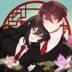 Rule 34 | 1boy, 1girl, black gloves, black hair, character request, closed mouth, collared shirt, flower, formal, gloves, highres, holding hands, library of ruina, long hair, looking at viewer, lowell (project moon), necktie, project moon, red eyes, red hair, red necktie, saccharhythm, shirt, short hair, smile, suit, upper body, white shirt, xiao (project moon)
